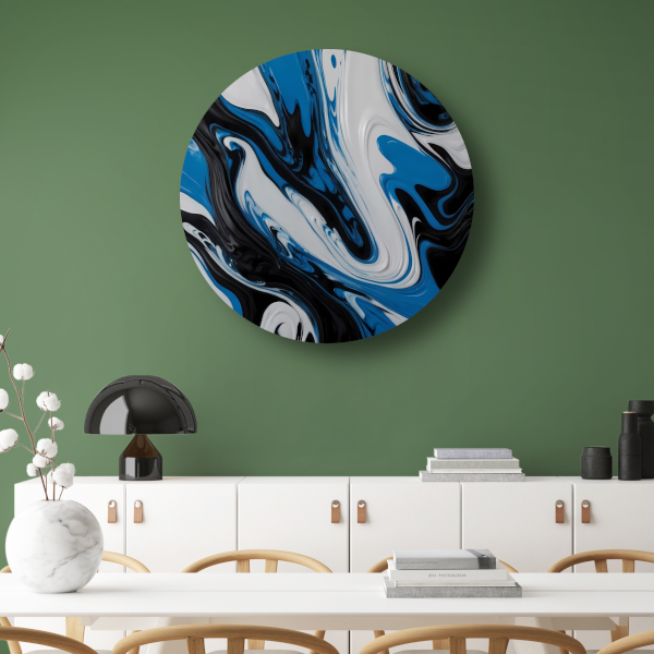 Abstracte vloeistofkunst in blauw en zwart forex muurcirkel