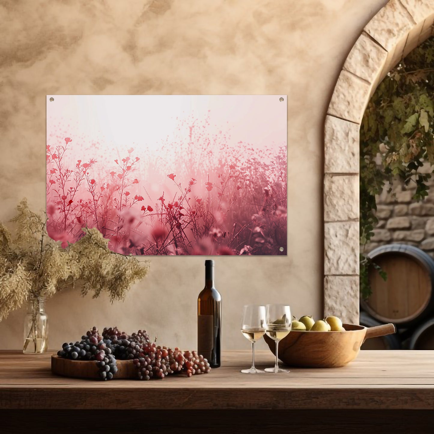 Minimalistisch bloemenveld in zachte tinten tuinposter