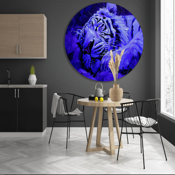 Blauwe abstracte tijger in rust aluminium muurcirkel