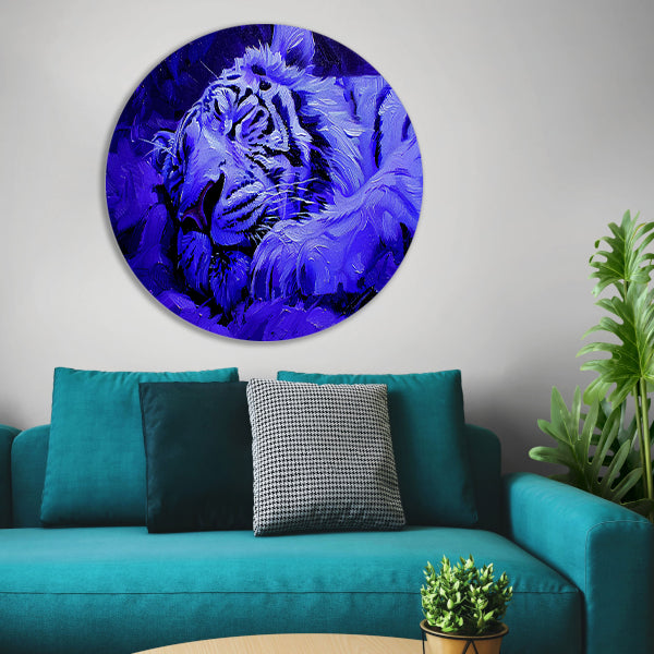 Blauwe abstracte tijger in rust aluminium muurcirkel