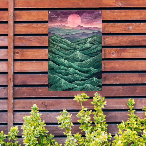 Surrealistisch landschap met bergen en zon tuinposter