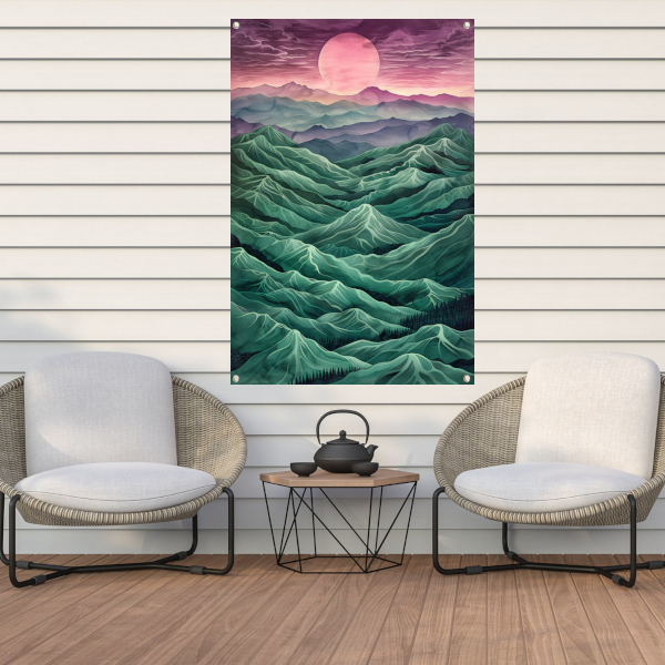 Surrealistisch landschap met bergen en zon tuinposter
