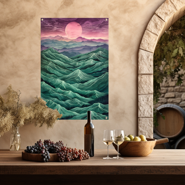 Surrealistisch landschap met bergen en zon tuinposter