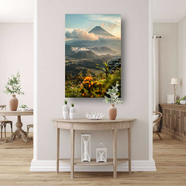 Vulkanisch landschap met bloemen bij zonsopgang canvas