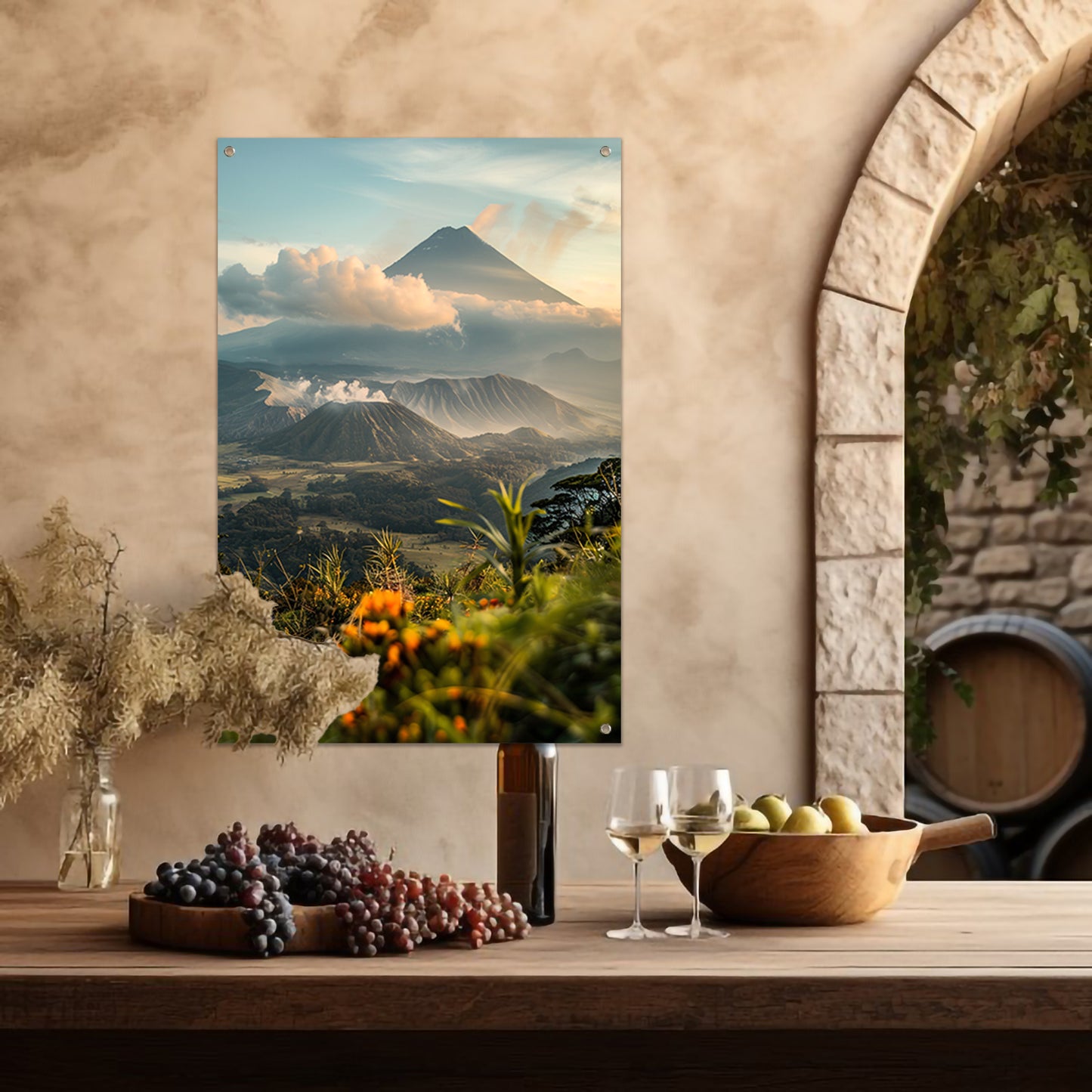 Vulkanisch landschap met bloemen bij zonsopgang tuinposter