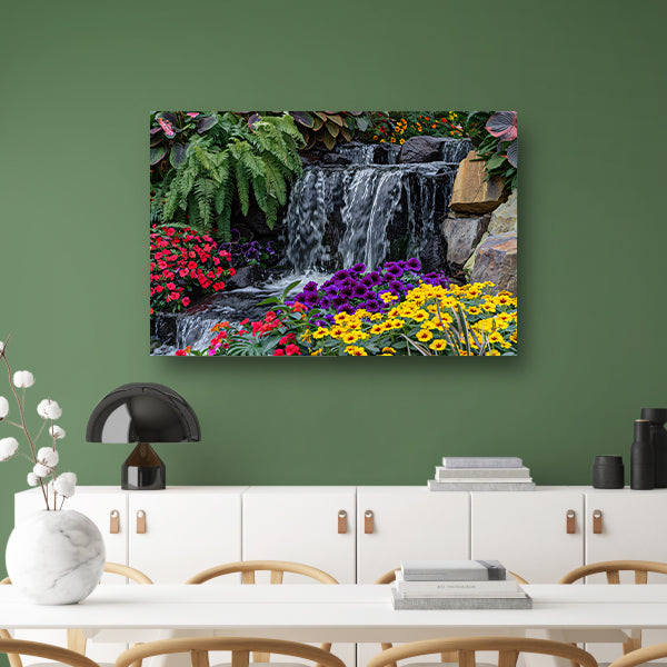 Kleurrijke tuin met bloemen en waterval canvas