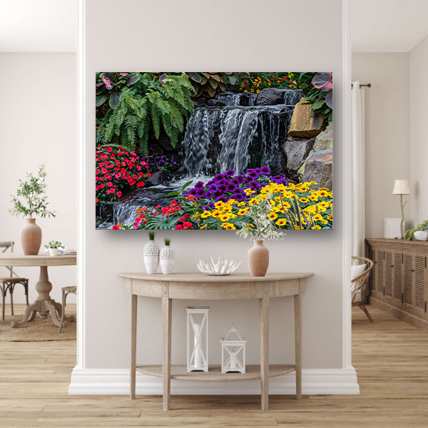Kleurrijke tuin met bloemen en waterval canvas