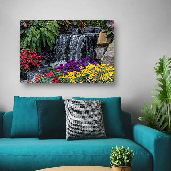 Kleurrijke tuin met bloemen en waterval canvas