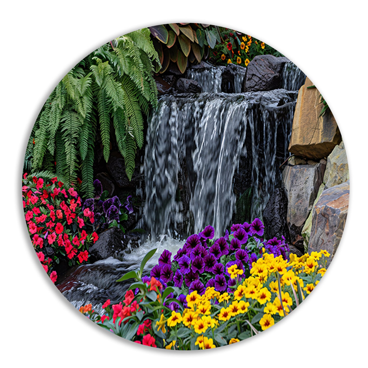 Kleurrijke tuin met bloemen en waterval aluminium muurcirkel