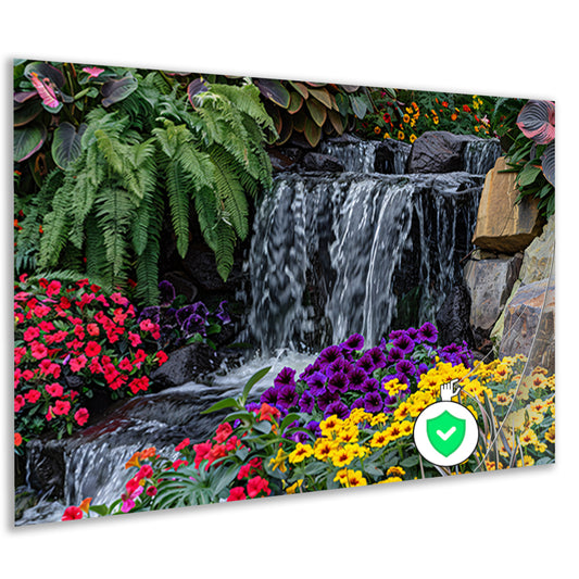 Kleurrijke tuin met bloemen en waterval poster