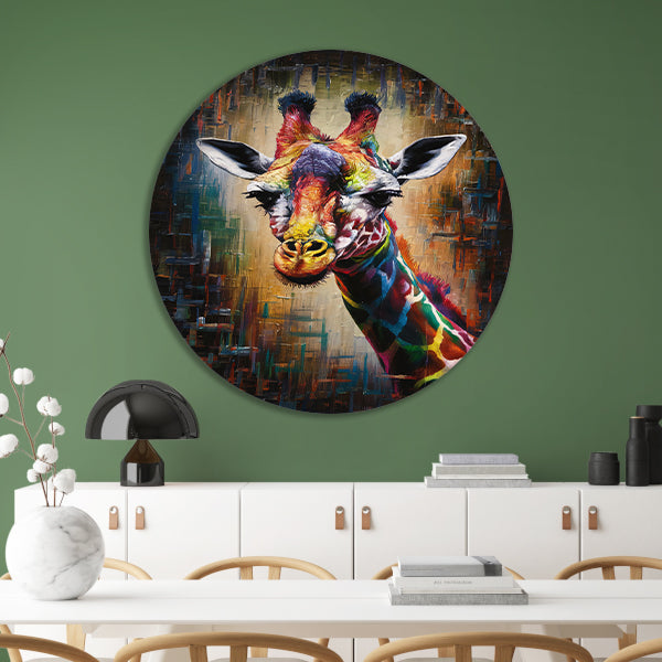 Explosieve Kleurrijkheid: Giraffe in Abstractie aluminium muurcirkel