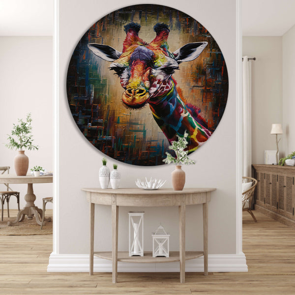 Explosieve Kleurrijkheid: Giraffe in Abstractie aluminium muurcirkel
