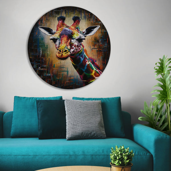 Explosieve Kleurrijkheid: Giraffe in Abstractie aluminium muurcirkel