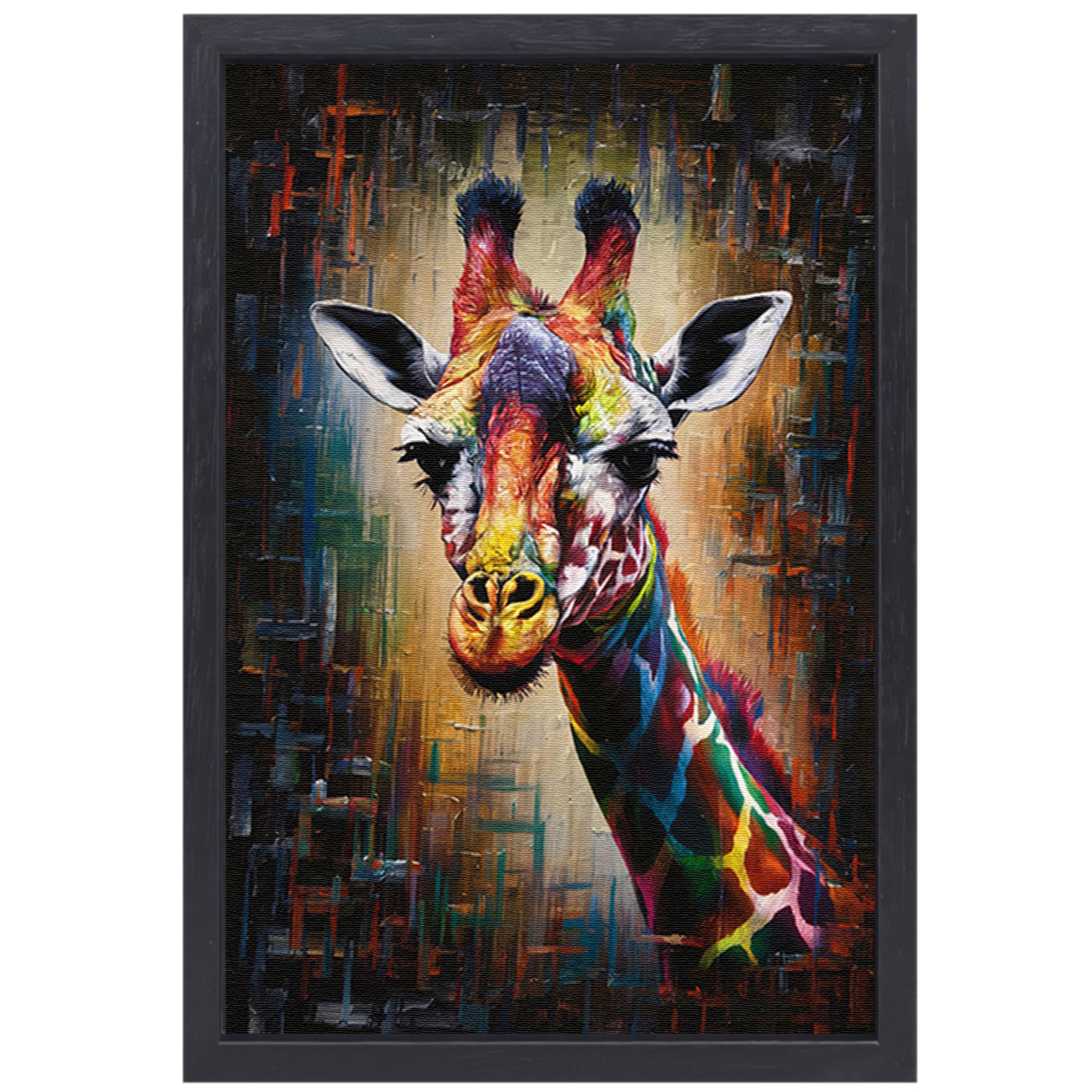 Explosieve Kleurrijkheid: Giraffe in Abstractie canvas met baklijst