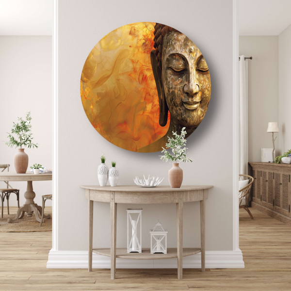 Gouden Boeddha met Harmonische Herfsttinten aluminium muurcirkel