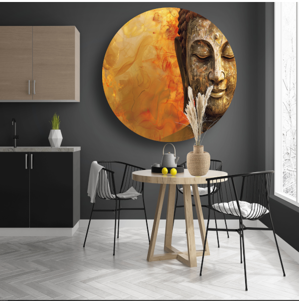 Gouden Boeddha met Harmonische Herfsttinten aluminium muurcirkel