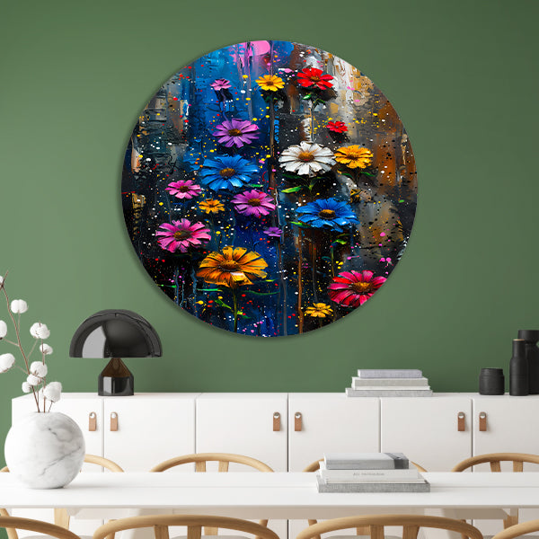 Kleurrijk abstract schilderij van levendige bloemen forex muurcirkel