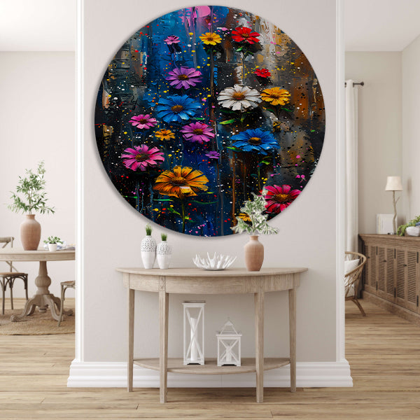 Kleurrijk abstract schilderij van levendige bloemen forex muurcirkel