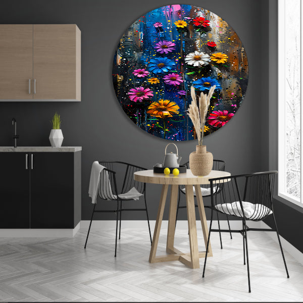 Kleurrijk abstract schilderij van levendige bloemen forex muurcirkel