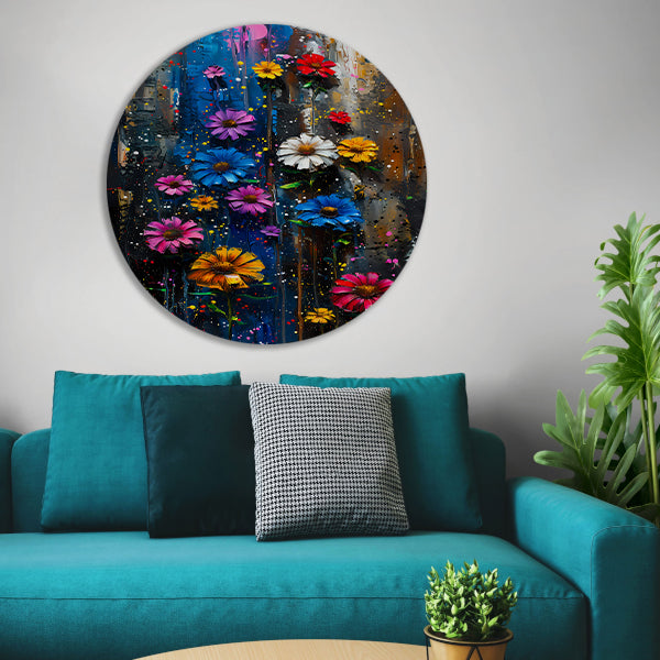 Kleurrijk abstract schilderij van levendige bloemen forex muurcirkel