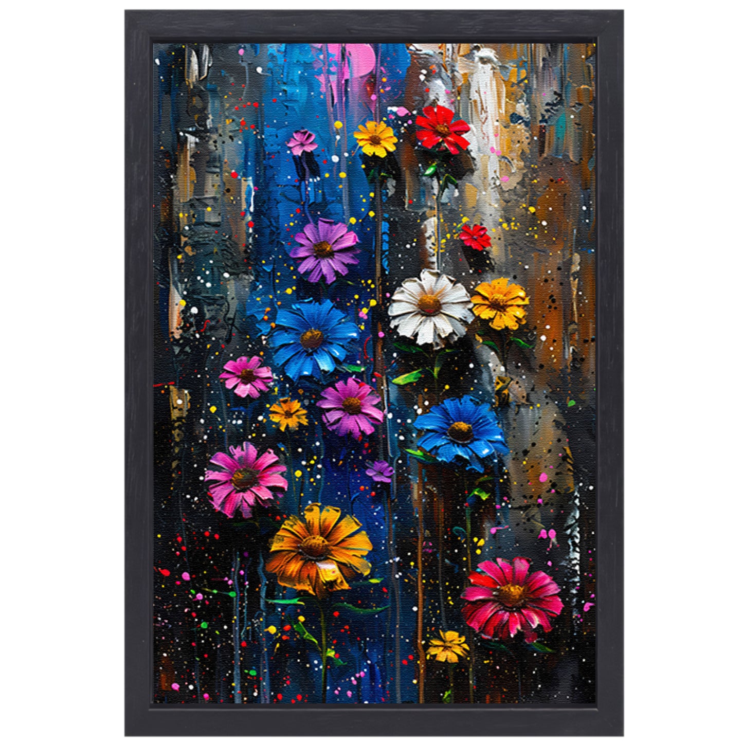 Kleurrijk abstract schilderij van levendige bloemen canvas met baklijst