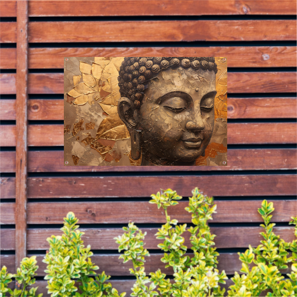 Abstracte Boeddha met serene blik en gouden bladeren tuinposter