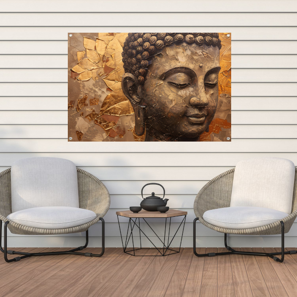 Abstracte Boeddha met serene blik en gouden bladeren tuinposter