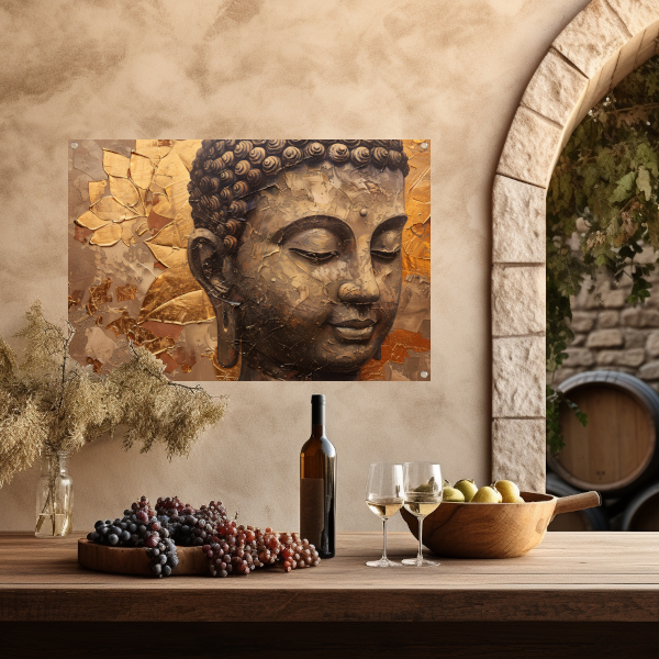 Abstracte Boeddha met serene blik en gouden bladeren tuinposter