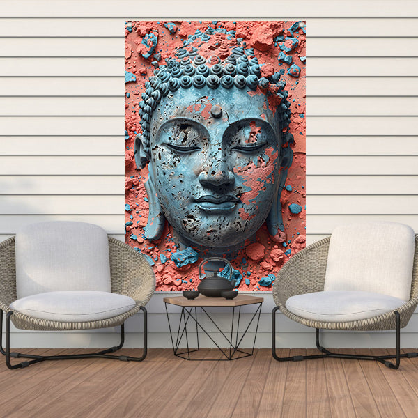 Turquoise Boeddha met Oranjerode Achtergrond tuinposter