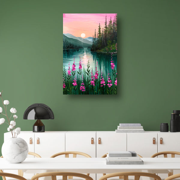 Roze zonsondergang bij rustig bergmeer met bloemen canvas