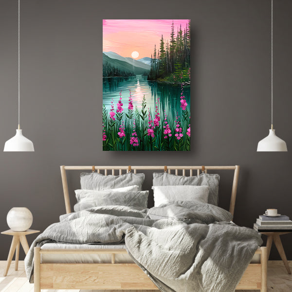 Roze zonsondergang bij rustig bergmeer met bloemen canvas