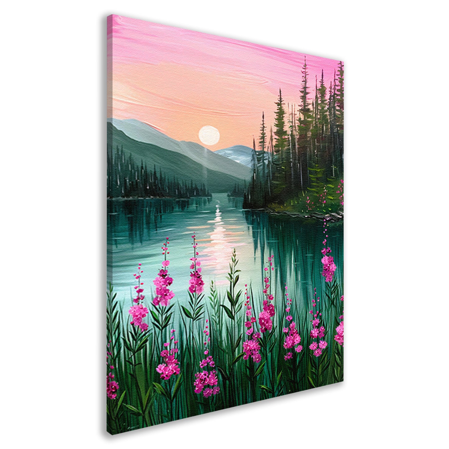 Roze zonsondergang bij rustig bergmeer met bloemen canvas