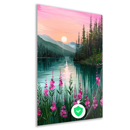 Roze zonsondergang bij rustig bergmeer met bloemen poster