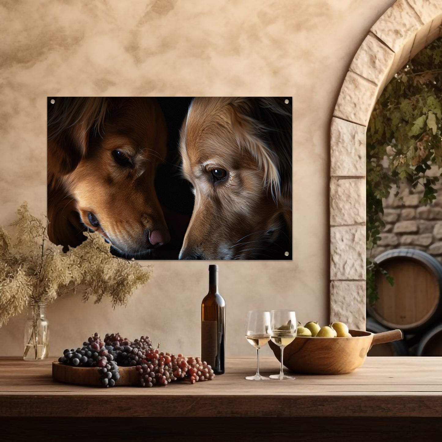 Twee honden in een intieme setting tuinposter