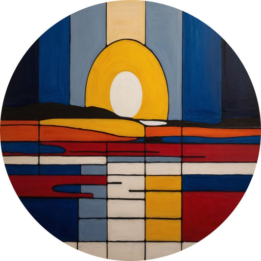 Abstracte Zonsondergang in Mondriaan Stijl aluminium muurcirkel