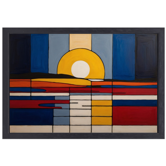 Abstracte Zonsondergang in Mondriaan Stijl canvas met baklijst
