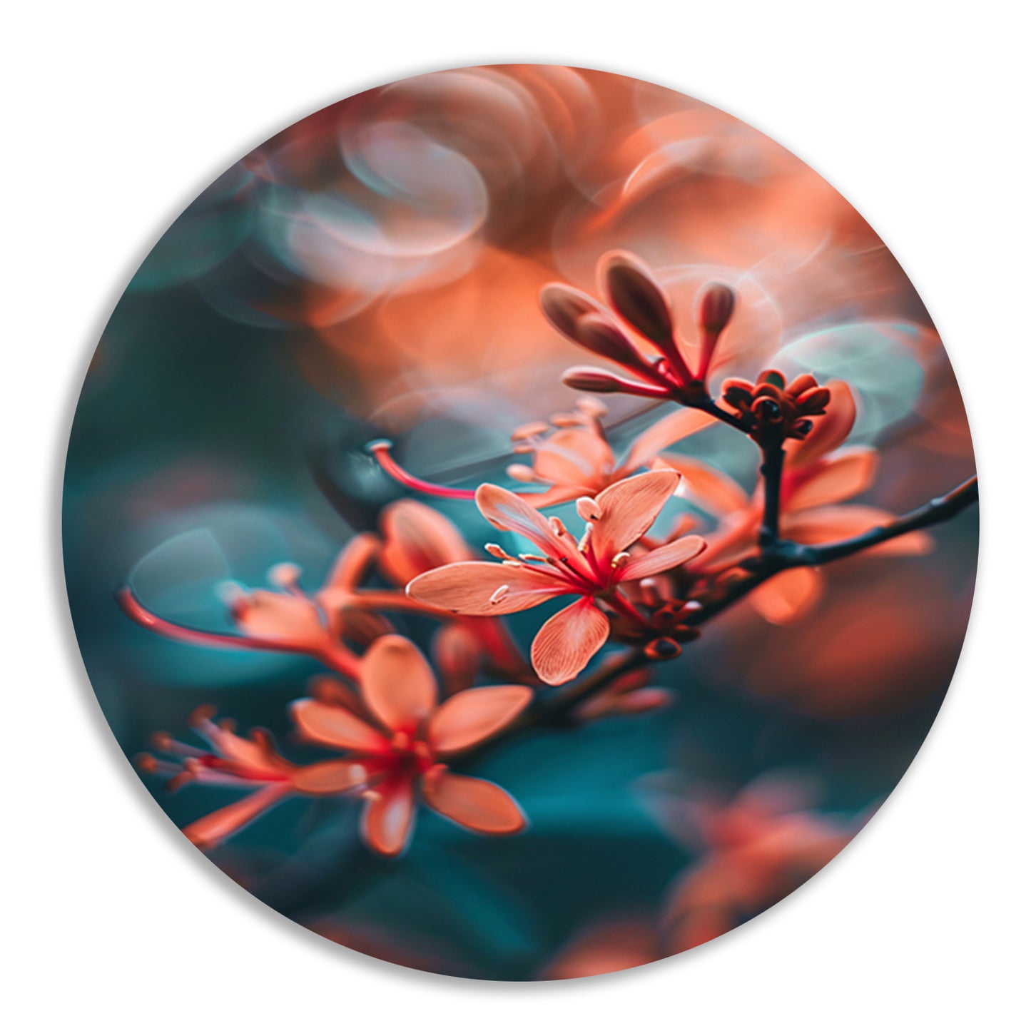 Oranje bloemen met bokeh aluminium muurcirkel