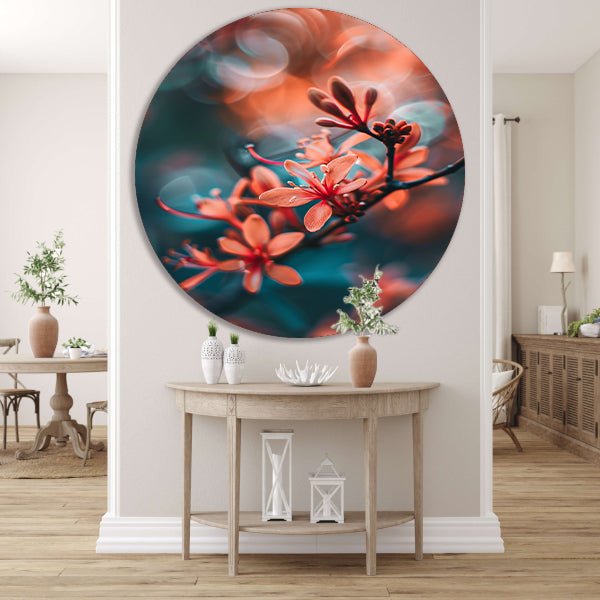 Oranje bloemen met bokeh aluminium muurcirkel