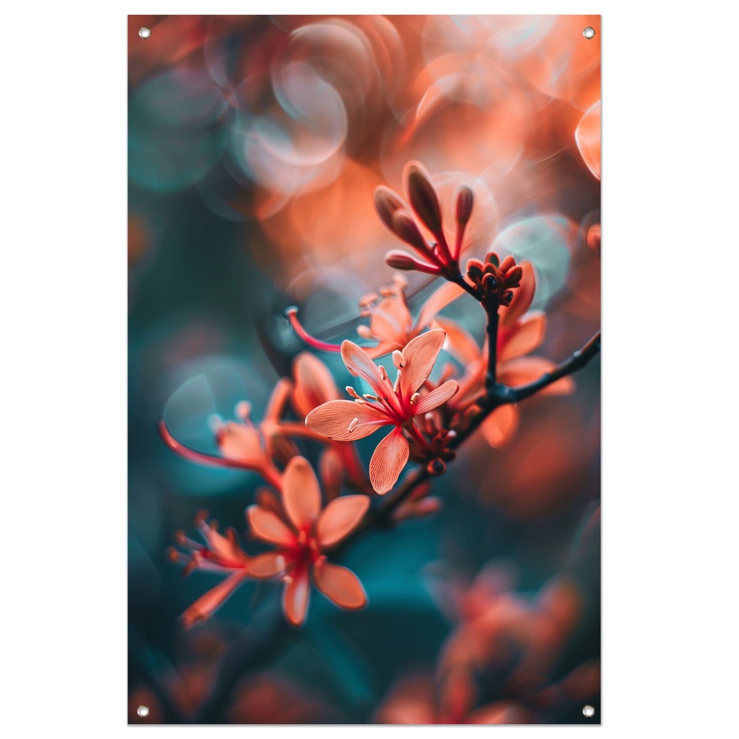 Oranje bloemen met bokeh tuinposter