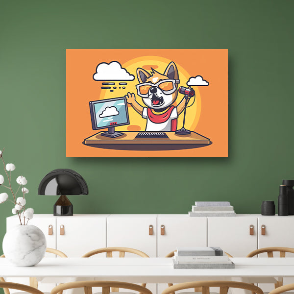 Hond achter computer met microfoon canvas