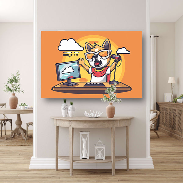 Hond achter computer met microfoon poster
