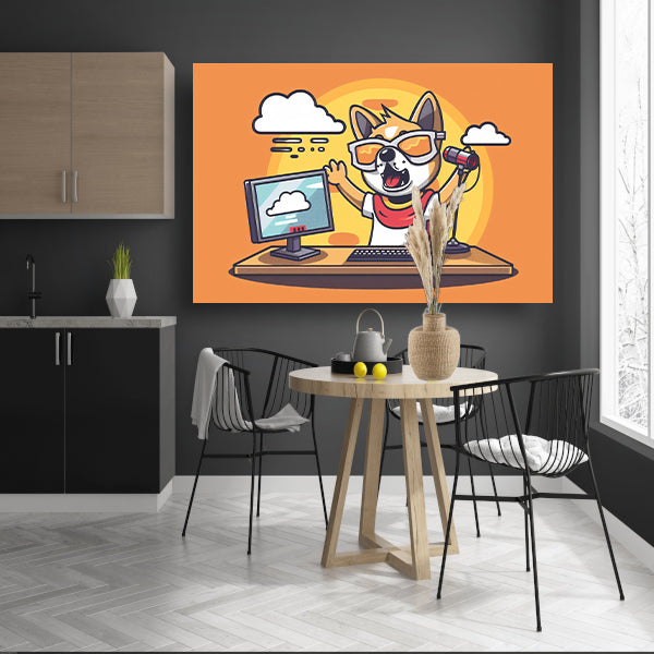 Hond achter computer met microfoon canvas