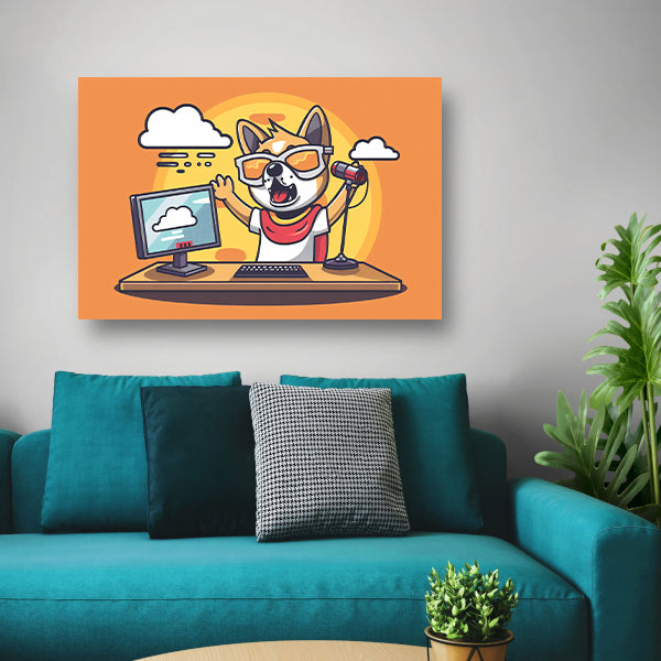 Hond achter computer met microfoon canvas