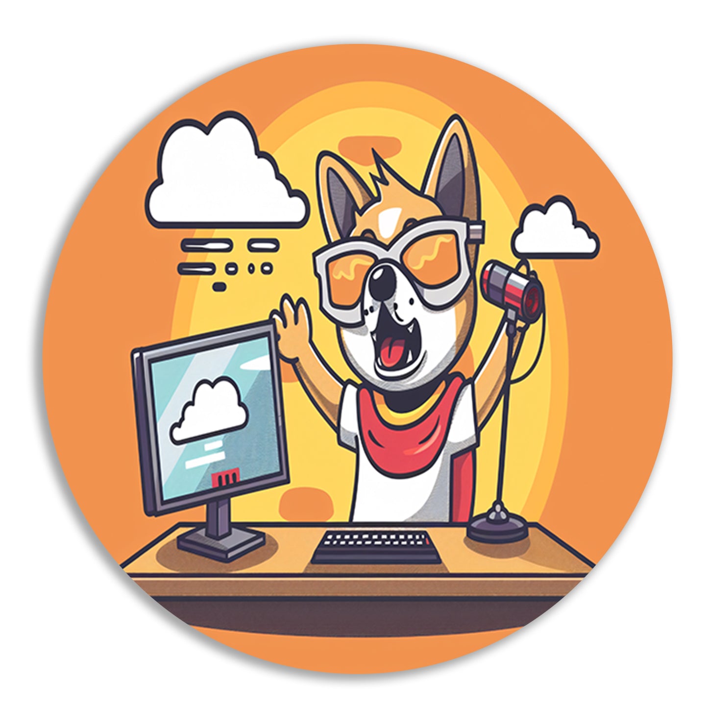 Hond achter computer met microfoon aluminium muurcirkel