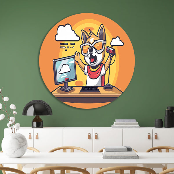 Hond achter computer met microfoon aluminium muurcirkel