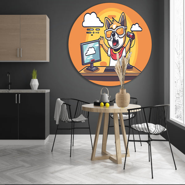 Hond achter computer met microfoon aluminium muurcirkel