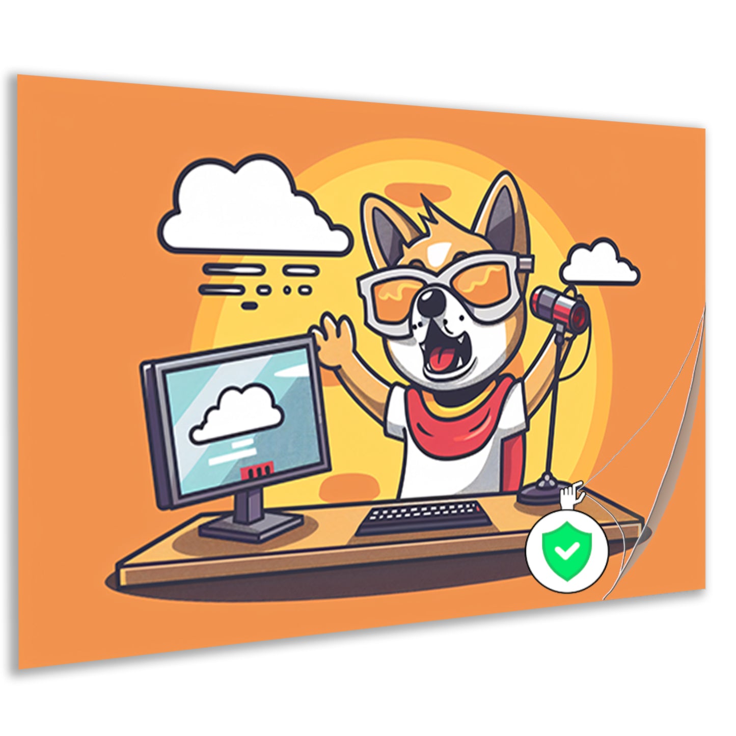 Hond achter computer met microfoon poster