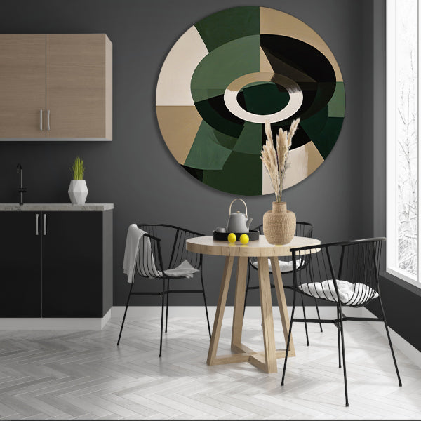 Abstracte Groen-Zwarte Vormen op Beige Achtergrond aluminium muurcirkel
