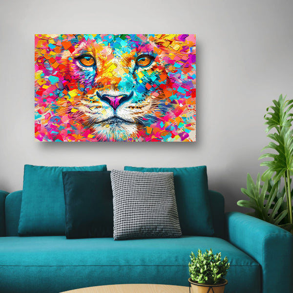 Kleurrijke en surrealistische leeuwenillustratie canvas met baklijst