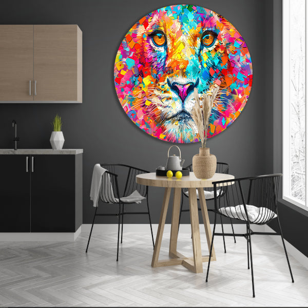 Kleurrijke en surrealistische leeuwenillustratie aluminium muurcirkel